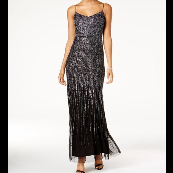 Adrianna Papell Sterling Silver Cap Sleeve Beaded Mermaid Gown NWT Size 2 $349